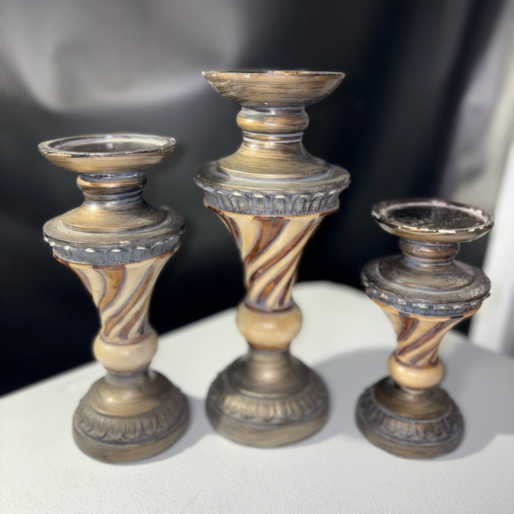 Decorative Swirl Wood Candle Holders - Set of 3